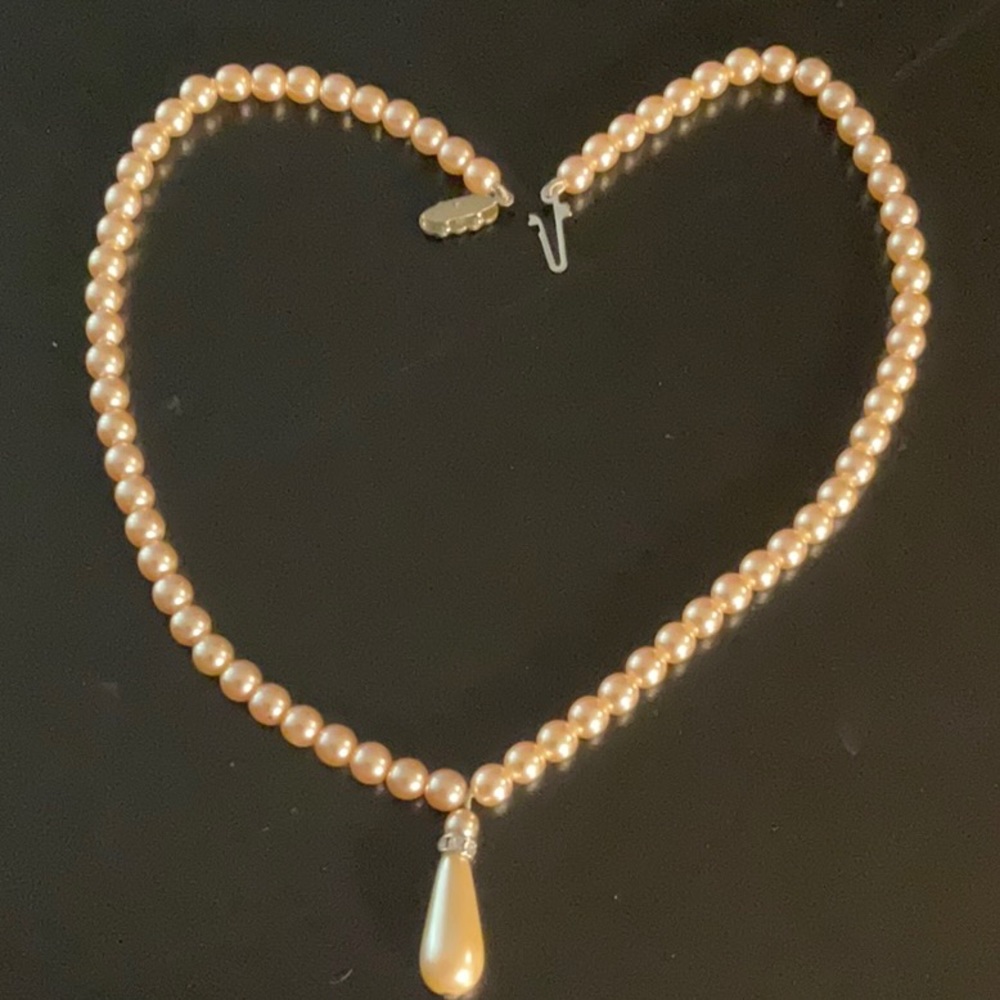 Vintage Faux Champaigne Pearl Necklace Clear Crystals